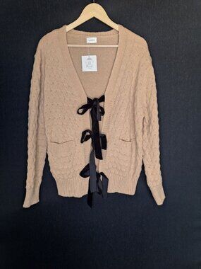 NWT Lovelo L/XL Tan Cable Knit Cardigan Black Velvet Bow Tie Front Cottagecore